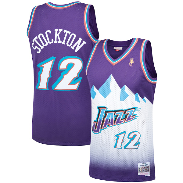 Men's Utah Jazz #12 John Stockton Mitchell And Ness White 1996-97 Hardwood Classics Purple Swingman NBA Jersey