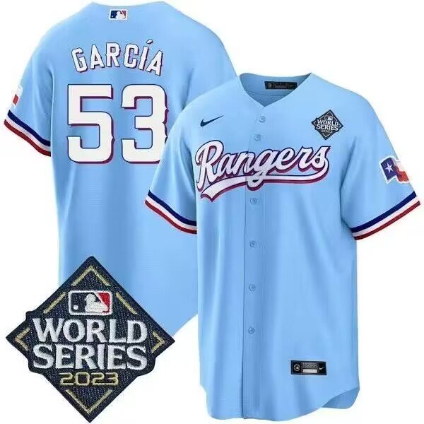 Men's Texas Rangers #53 Adolis Garcia World Series Light Blue Jersey