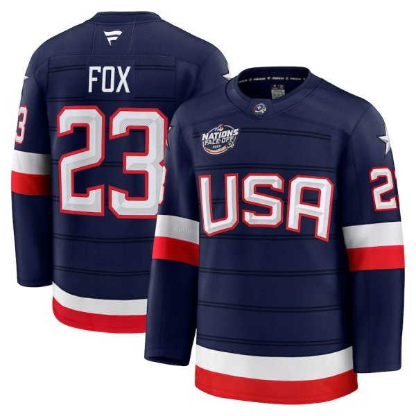 Men's #23 Adam Fox Team USA 4 Nations Premium Navy Jersey 2025