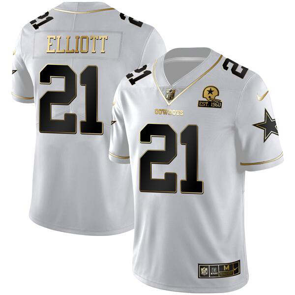 Men's Dallas Cowboys #21 Ezekiel Elliott White Golden Edition With 1960 Patch Limited Stitched Jersey