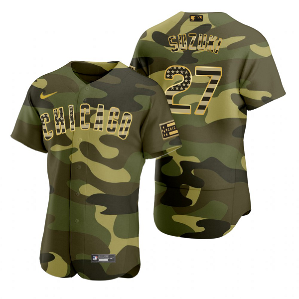 Men's Chicago Cubs #27 Seiya Suzuki Camo 2022 Armed Forces Day MLB Jersey