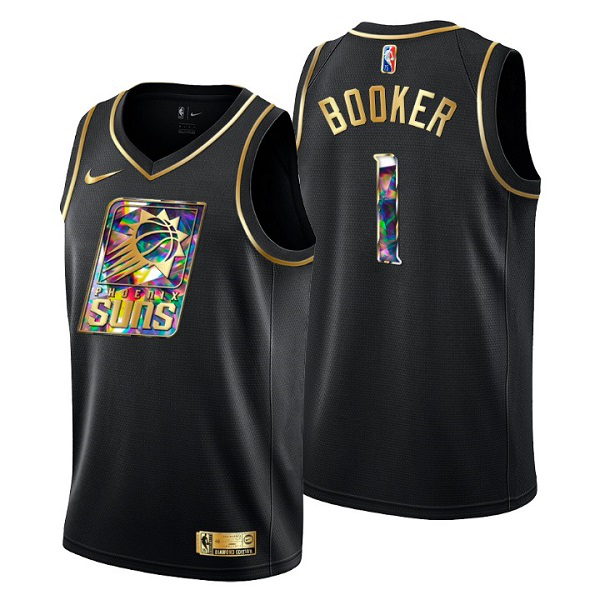 Men's Phoenix Suns #1 Devin Booker 2021/22 Black Golden Edition Diamond Logo Black 75th Anniversary Stitched NBA Jersey