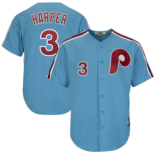 Men's Philadelphia Phillies #3 Bryce Harper Majestic MLB Cool Base Cooperstown Player Light Blue Jersey