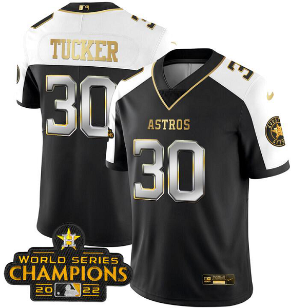 Youth Houston Astros #30 Kyle Tucker 2023 Champions Patch Vapor Gold Jersey