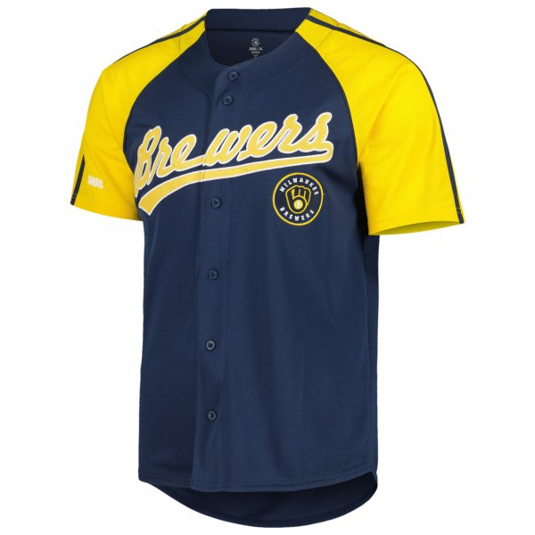 Men's Milwaukee Brewers Stitches Navy Button-Down Raglan Fashion Jersey