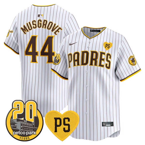 Men's San Diego Padres #44 Joe Musgrove For Peter & Petco Park 20th Patch Vapor Premier Limited All Stitched Cool Base Jersey