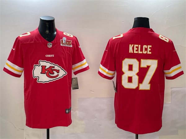 Men's Kansas City Chiefs #87 Travis Kelce Red Super Bowl LIX Team Big Logo Vapor Limited Stitched Jersey