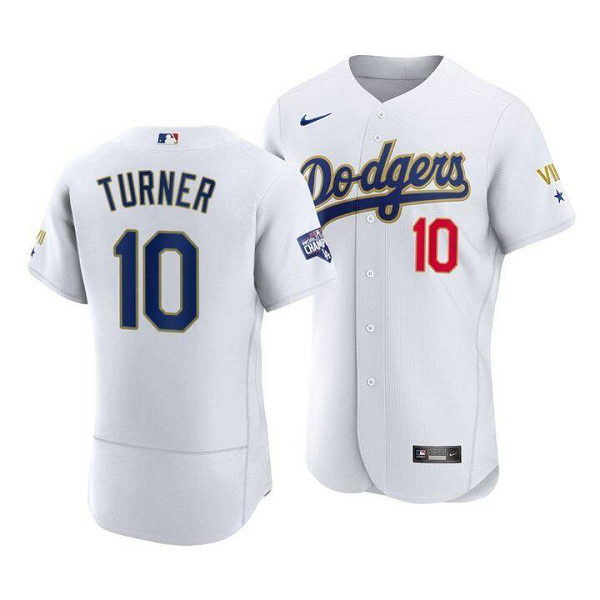 Men's Nike Los Angeles Dodgers #10 Justin Turner White VII Gold Series MLB Jersey